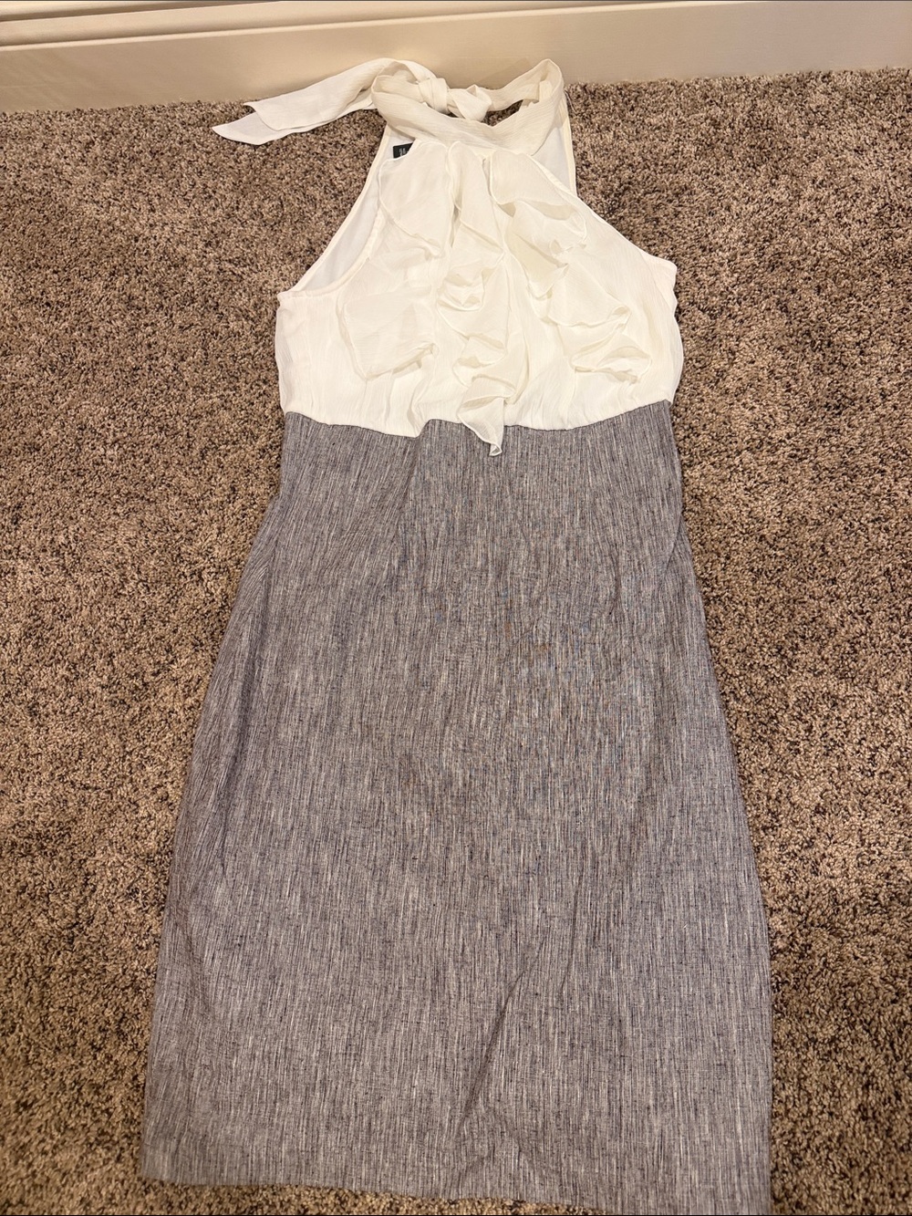 BCX Ivory Ruffle Halter Dress with Gray Pencil Skirt